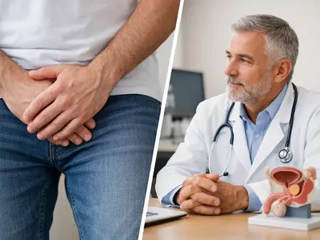 Hombre con jeans y manos en el abdomen. Médico con bata blanca y estetoscopio observa modelo de órgano en una oficina neutral.