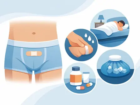 Hombre con vendaje en la ingle, círculos muestran: mano con curita, persona durmiendo, medicina, bolsa de hielo. Colores azules y blanco.