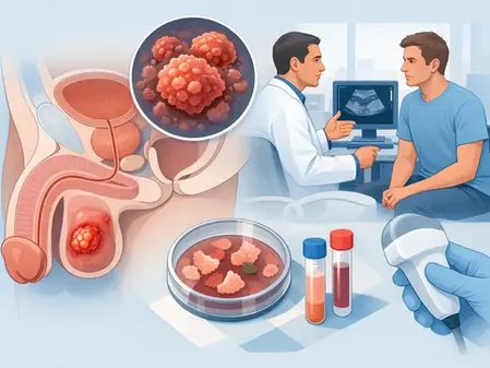 Doctor explica a un paciente un diagnóstico de cáncer de próstata con ecografía, biopsia, cultivo y tubos de prueba.