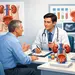 Doctor hablando con paciente en consultorio. Modelos de riñones y carteles médicos al fondo. Ambiente profesional y cálido.