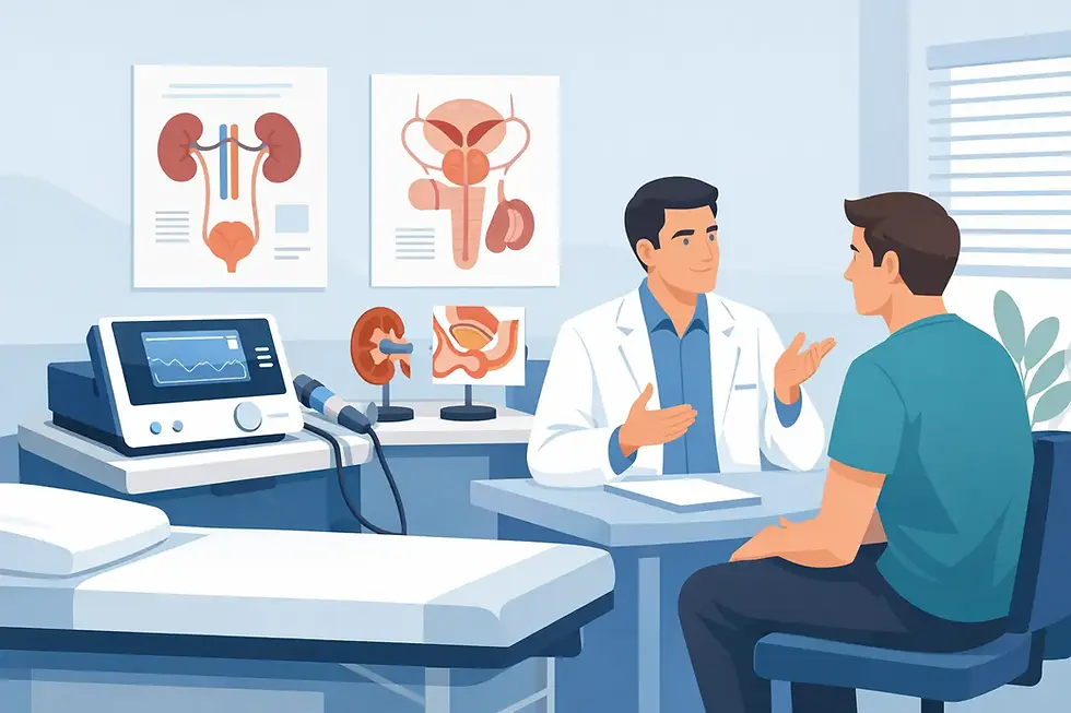 Médico y paciente conversan en consultorio con gráficos anatómicos de riñones. Máquina médica y cama cerca. Ambiente profesional.