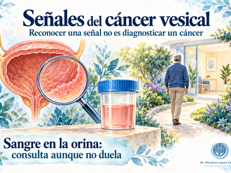 Vejiga con lupa, muestra de orina y camino hacia una consulta ilustran la necesidad de estudiar las señales urinarias.