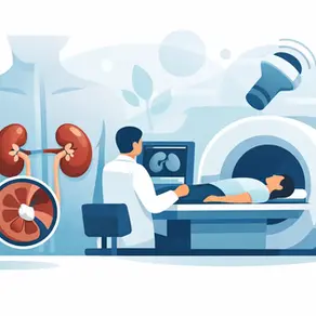 Ilustración médica: doctor revisa a un paciente en un escáner; se ven riñones y una lupa sobre un órgano, en tonos azules.