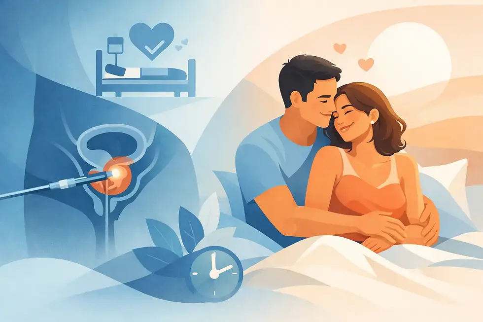 Pareja abrazada en la cama con corazones arriba. Fondo azul muestra un gráfico médico con reloj y cama hospitalaria. Emoción de amor.