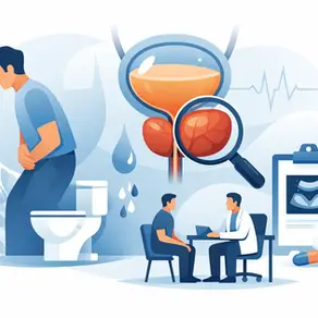 Hombre con dolor abdominal junto a un inodoro. Consulta médica, imagen de próstata, medicamentos y gotas. Tonos azules y naranjas.