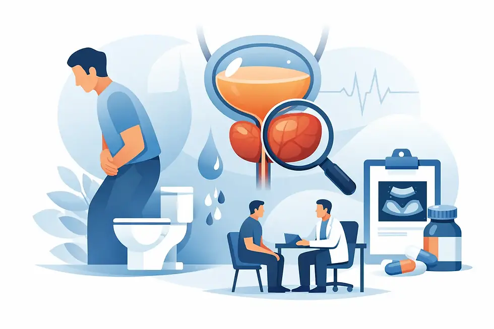 Hombre con dolor abdominal junto a un inodoro. Consulta médica, imagen de próstata, medicamentos y gotas. Tonos azules y naranjas.