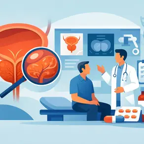 Doctor y paciente conversan en consultorio sobre salud prostática. Fondo con diagramas médicos y lupa. Ambiente profesional y cálido.