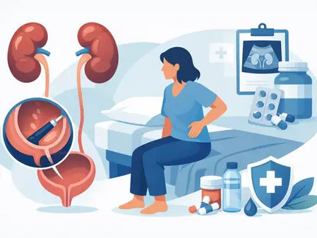 Mujer sentada en cama se toca el costado, rodeada de ilustraciones de riñones, pastillas y gráficos médicos en un entorno clínico.