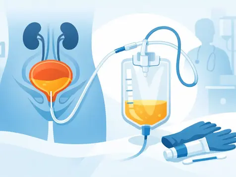 Ilustración de un sistema urinario con una sonda conectada a una bolsa de orina. Fondo azul y equipo médico: guantes y tubo.