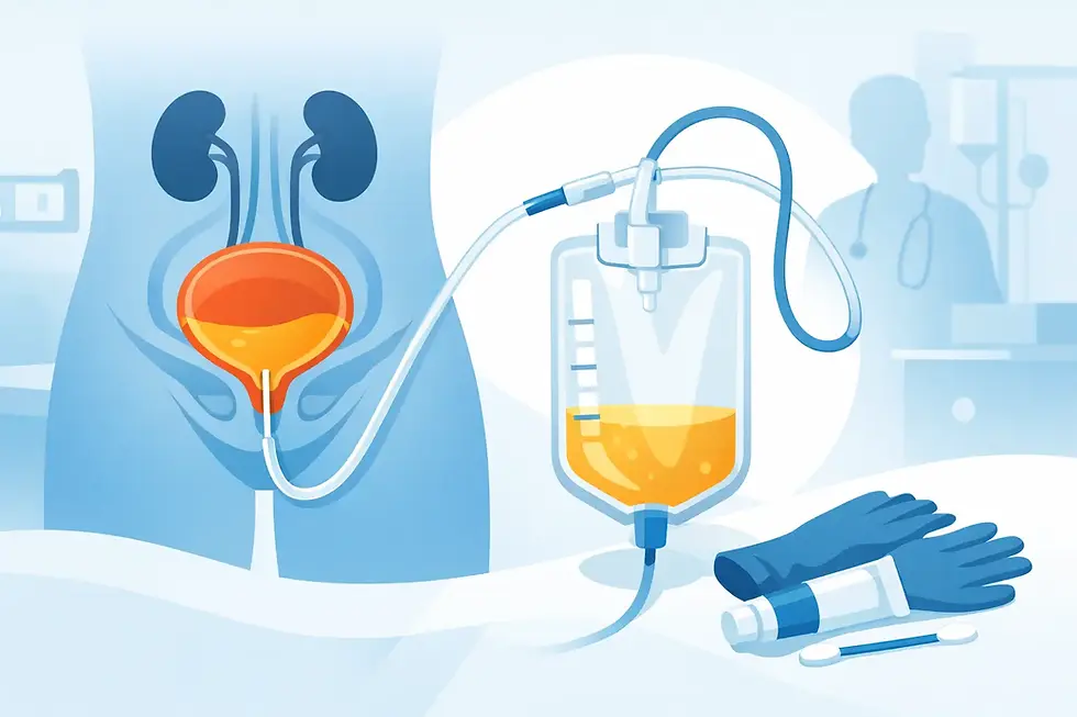 Ilustración de un sistema urinario con una sonda conectada a una bolsa de orina. Fondo azul y equipo médico: guantes y tubo.