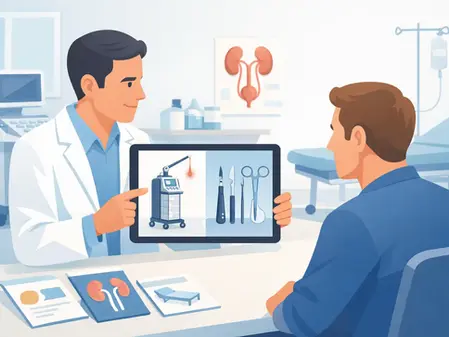 Un médico muestra a un paciente imágenes de equipos médicos en una tableta. Fondo de consultorio con imágenes de riñones. Ambiente profesional.