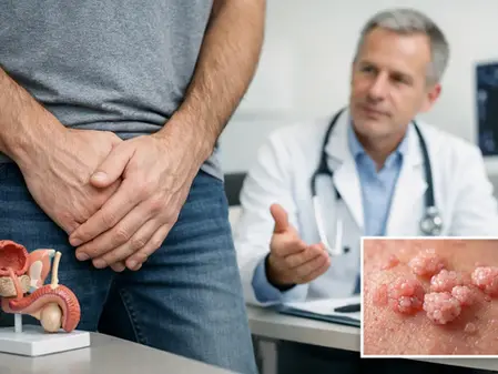 Hombre en consulta médica con doctor. Modelo anatómico en la mesa. Imagen adjunta de verrugas. Ambiente serio en oficina médica.