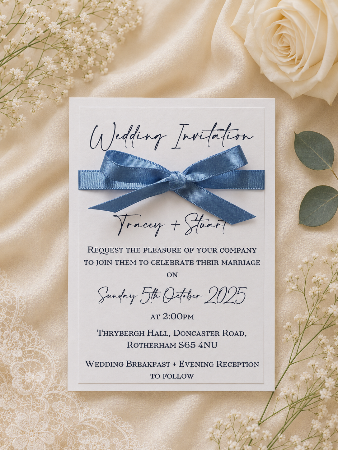 Bella Bow Design Day Invitation printed on white card with a dusky blue ribbon.