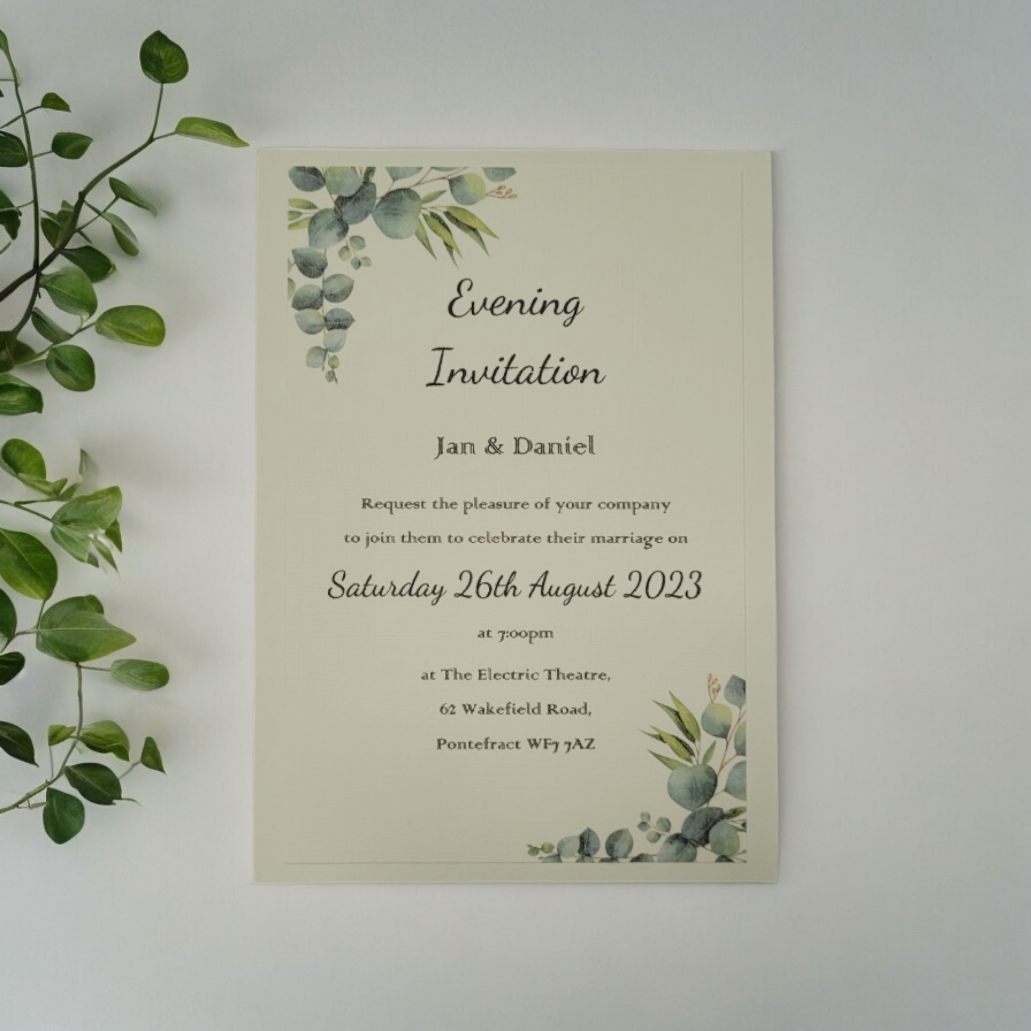 This is close up of our eucalyptus design evening invitation printed on Ivory card.