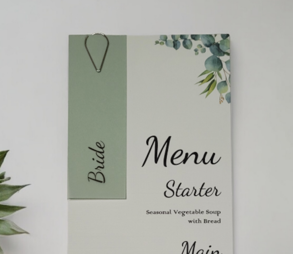 Thumbnail: This is a close up of the Eucalyptus Design Menu Card vellum tag with the guest’s name attached with a tear drop clip.