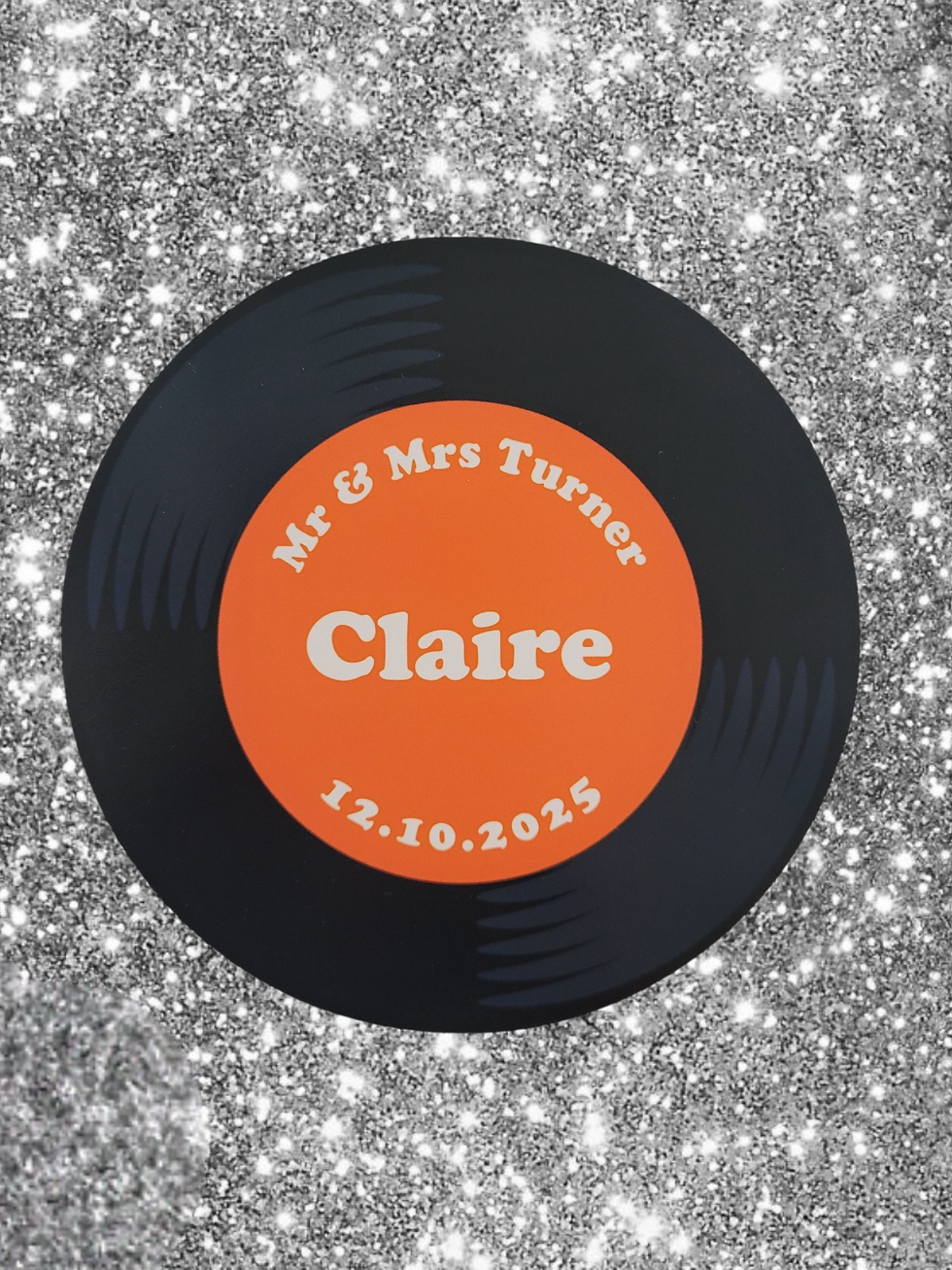 Thumbnail: Retro Disco Mini Record Name Place Card in vibrant orange.