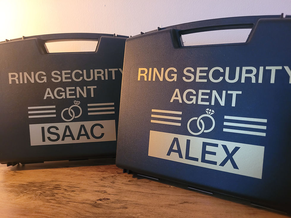 Thumbnail: This image shows the vinyl decals in Gold reading, Ring Security Agent Isaac and Alex