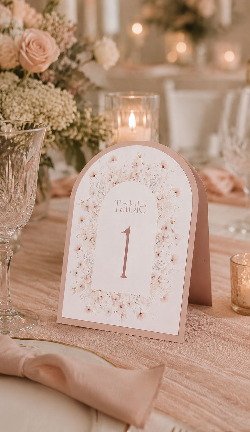 This image shows the Pink Meadow Table Number mounted on dusky pink card.