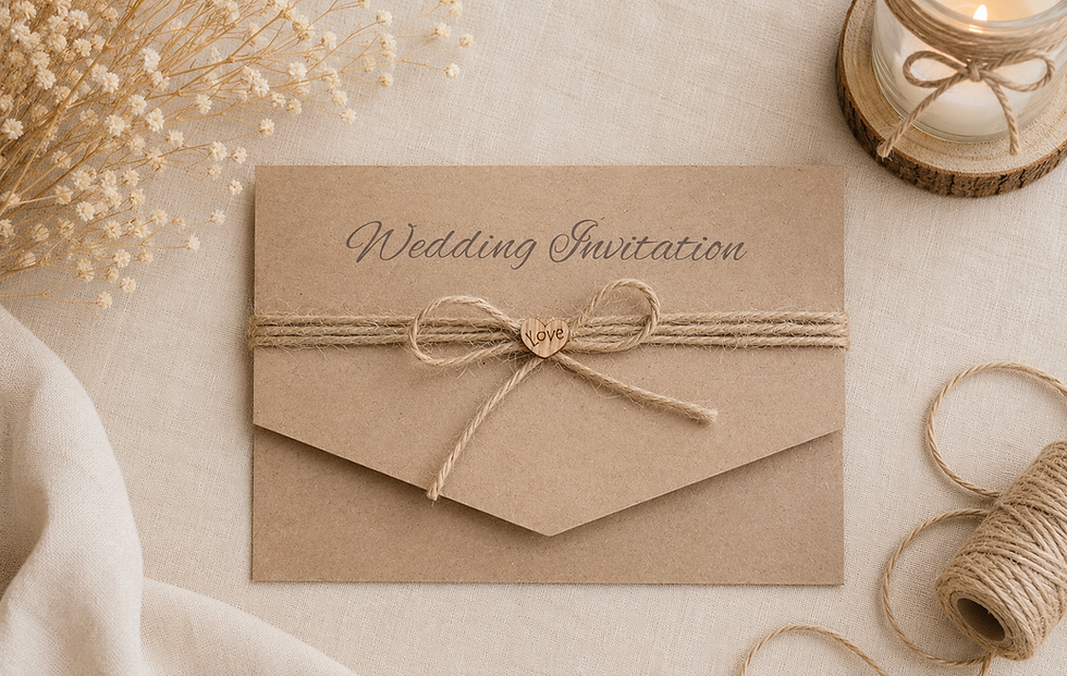 Thumbnail: This image shows the front of the Rustic Heart Design Pocket Fold Day Invitation on Kraft Brown Card.