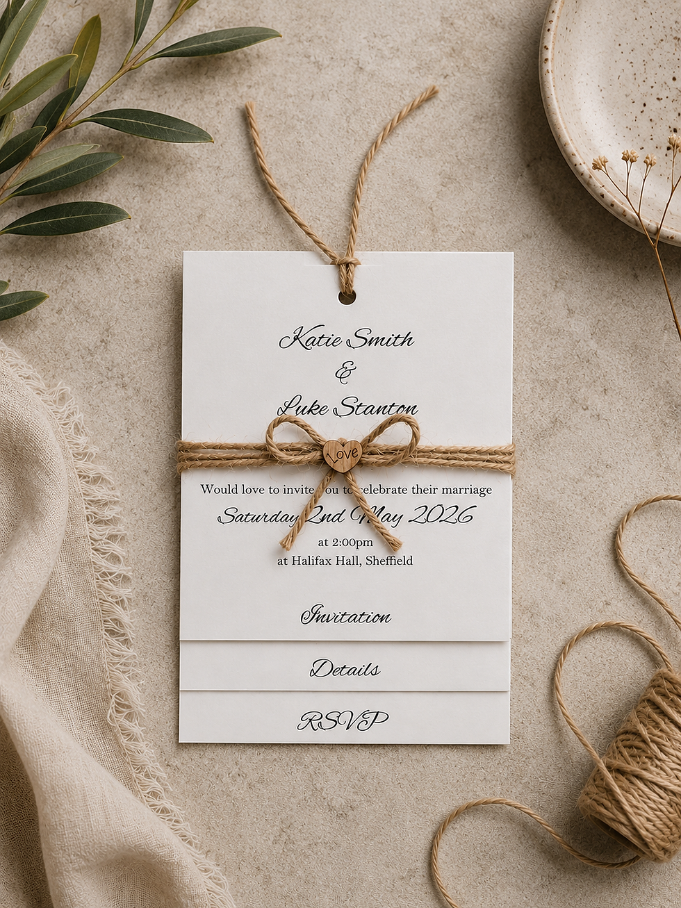This image shows the Rustic Heart Design Tiered Invitation. There are 3 pages to include all the details of your big day.