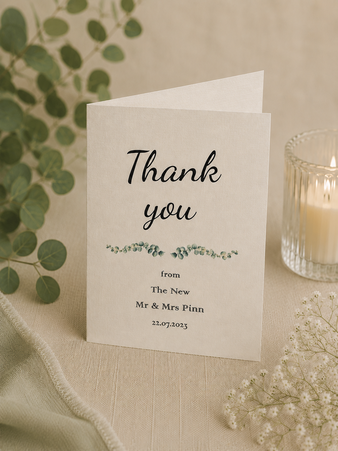 Our personalised thank you cards are C7 in size and come with envelopes. This image shows the eucalyptus design.