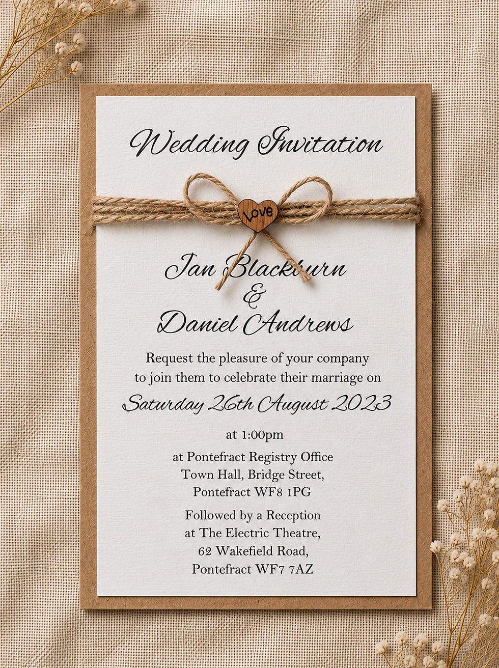 This is close up of our rustic heart day invitation printed on white card.