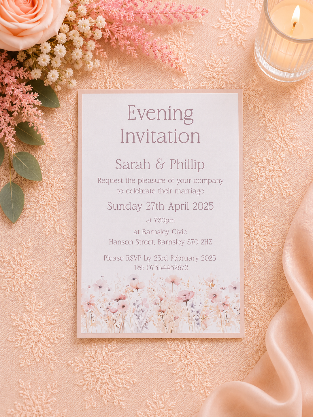 This image shows the Pink Meadow Design Evening Invitation mounted on dusky pink card.