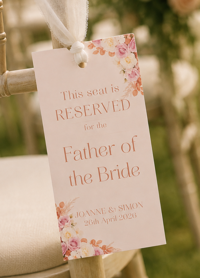 Close up view of the caramel Blush Design Reserved Seating Tag.