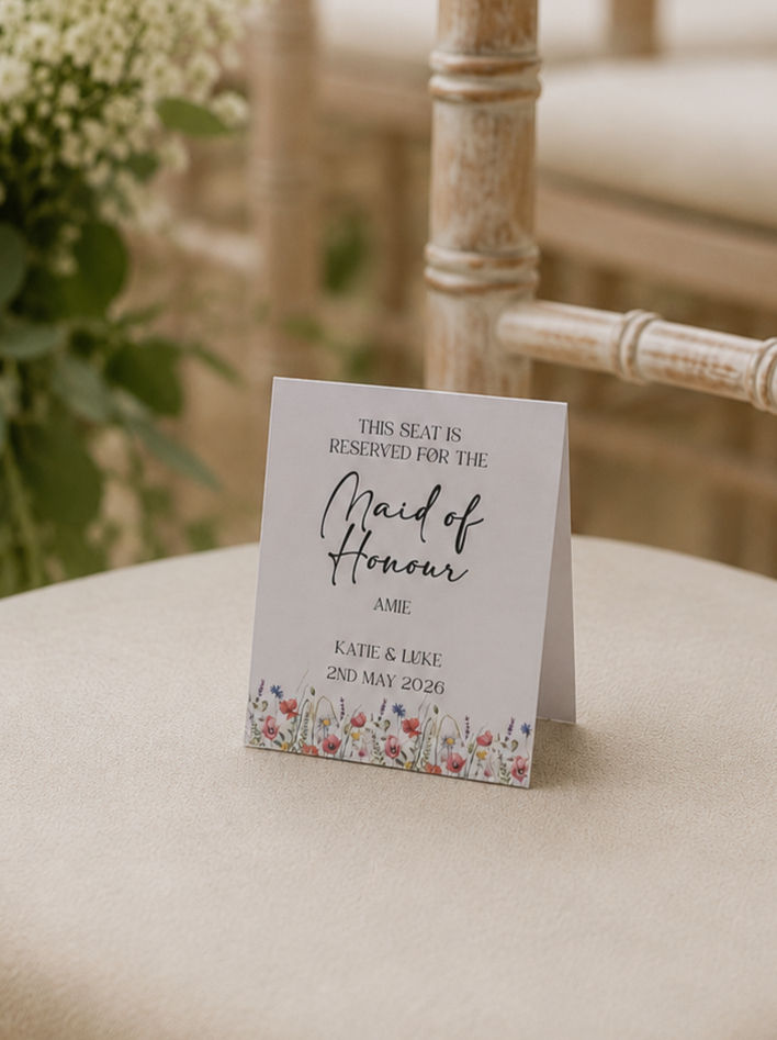 This image shows the Wildflower Design Reserved Seating Tent Card for the Maid of Honour.