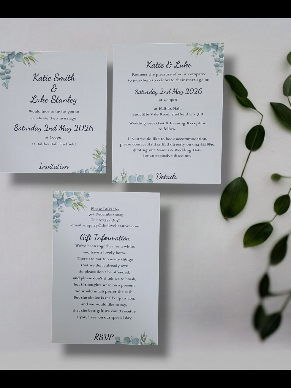Thumbnail: This image shows the information that is included on each page of the Eucalyptus Design Tiered Invitation.
