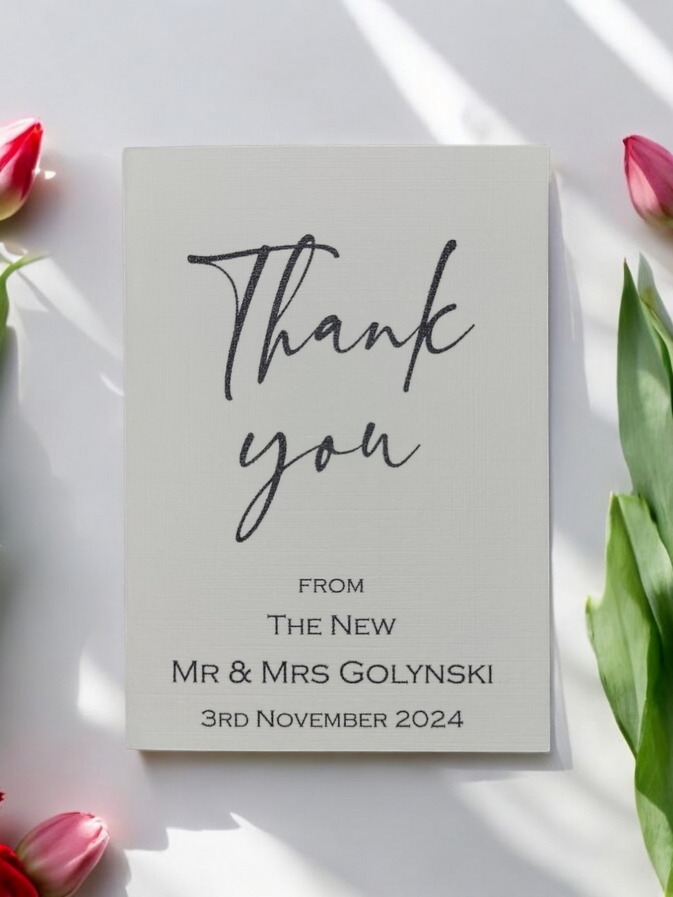 Our personalised thank you cards are C7 in size and come with envelopes. Image shows the card printed on Ivory Card.