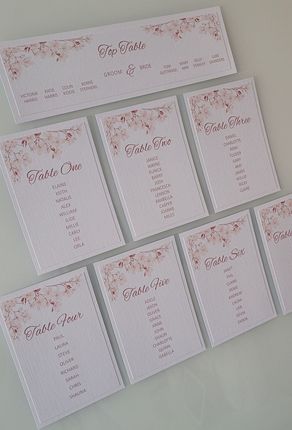 Cherry Blossom Design Personalised Table Plan Cards.