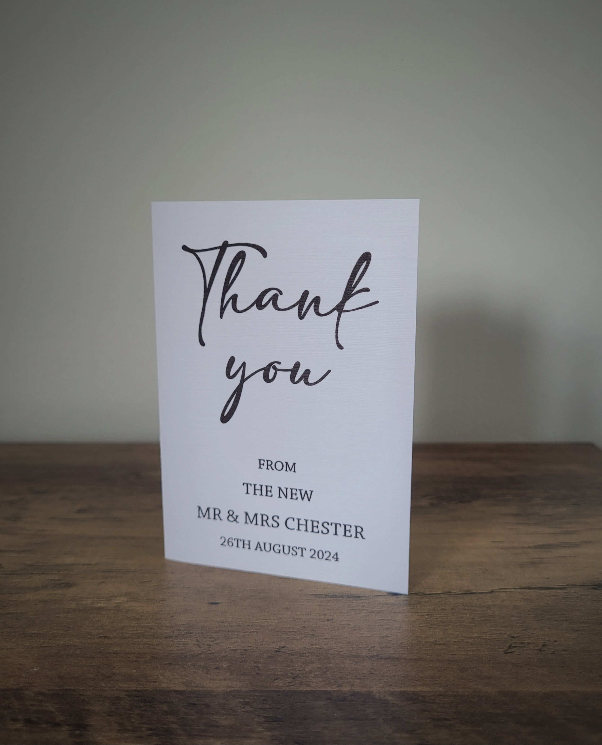 Our personalised thank you cards are C7 in size and come with envelopes. Image shows the card printed on White Card.