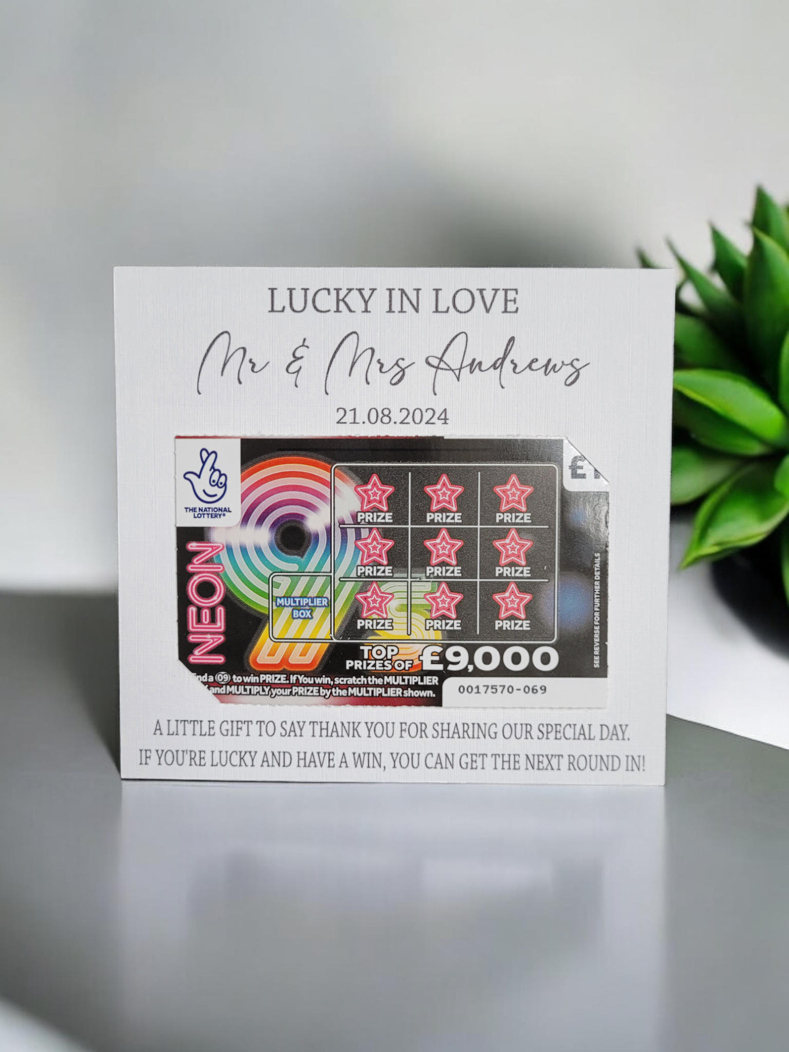 Lucky in Love Scratch Card Holder is a flat card with your Names & Wedding Date at the top and a short phrase at the bottom.