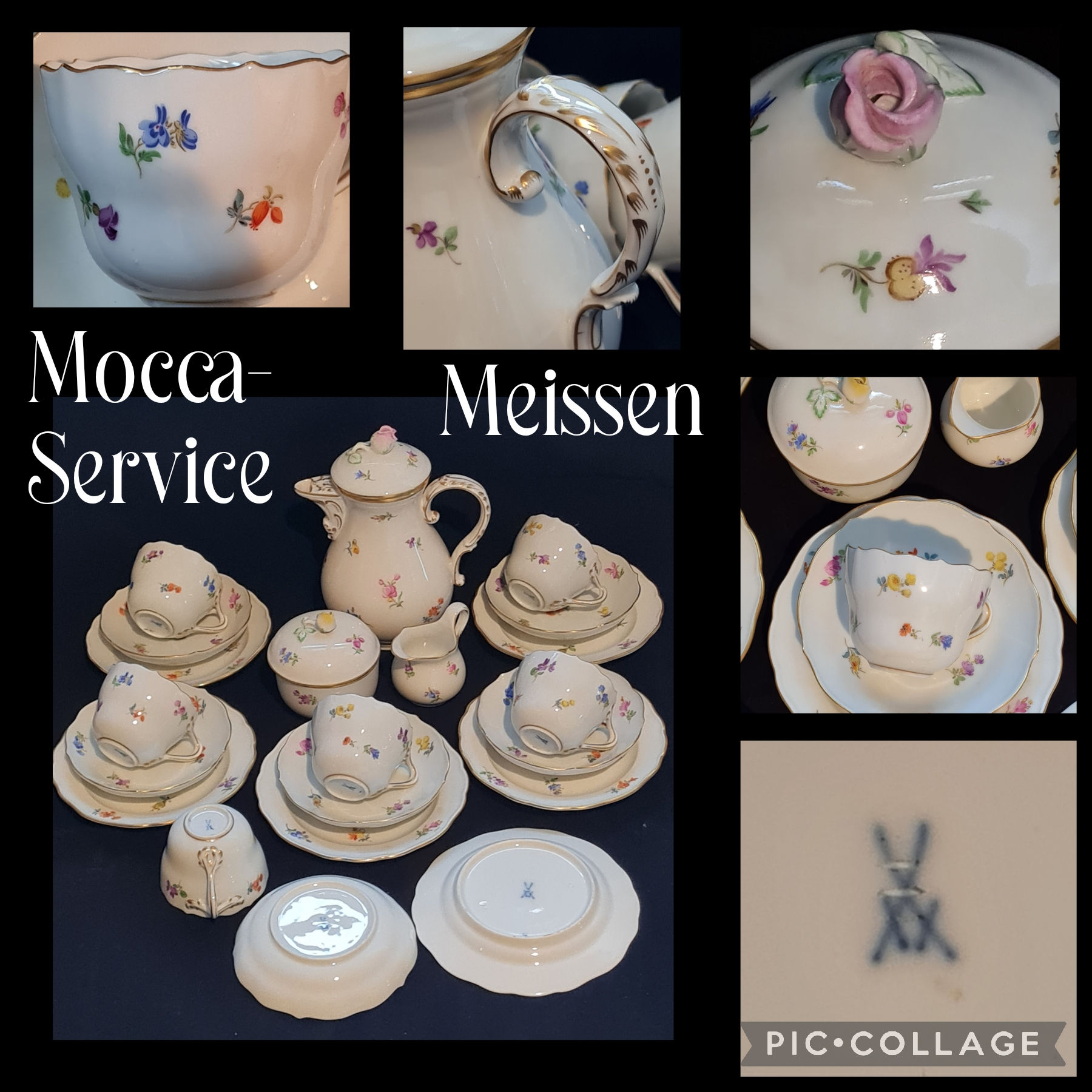 Streublume Meissen Moccaservice für 6 Personen, komplett Set