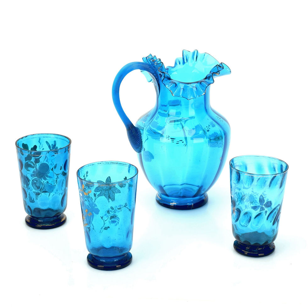 Miniaturbild: Saftset antik, Glas blau Emaillemalerei, Biedermeier Trinkgarnitur