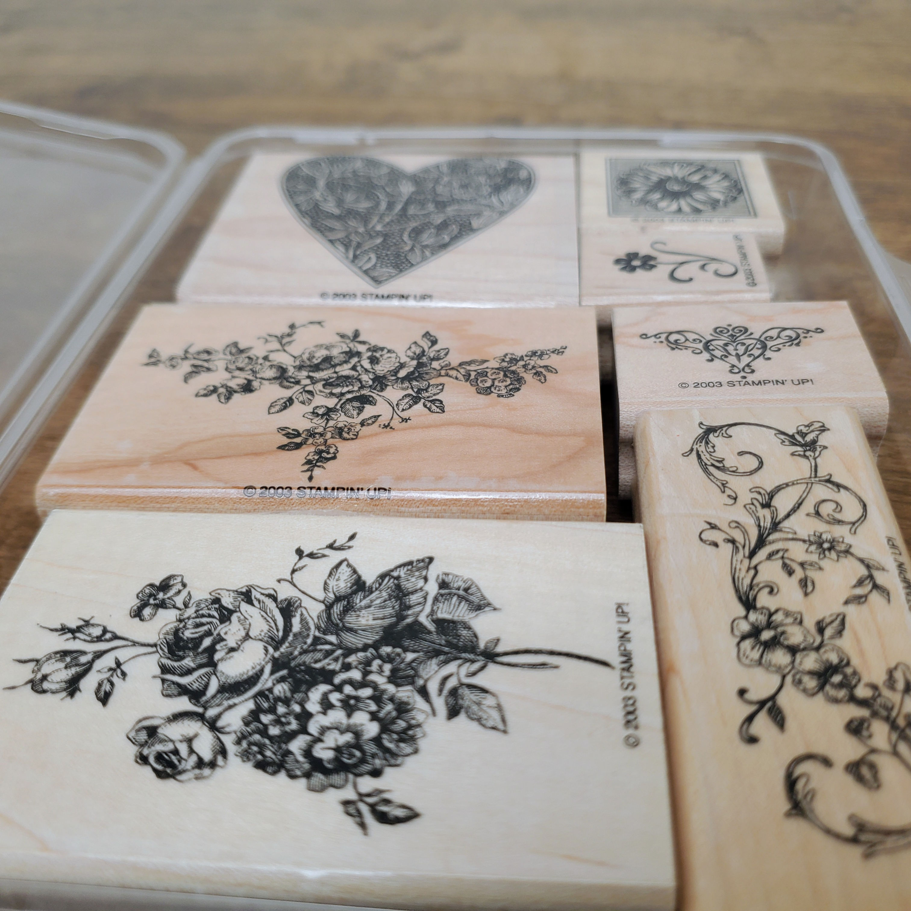Stampin' Up! Gentler Times 2003 Retired 7 Wood Rubber Stamp Set Hearts Flowers