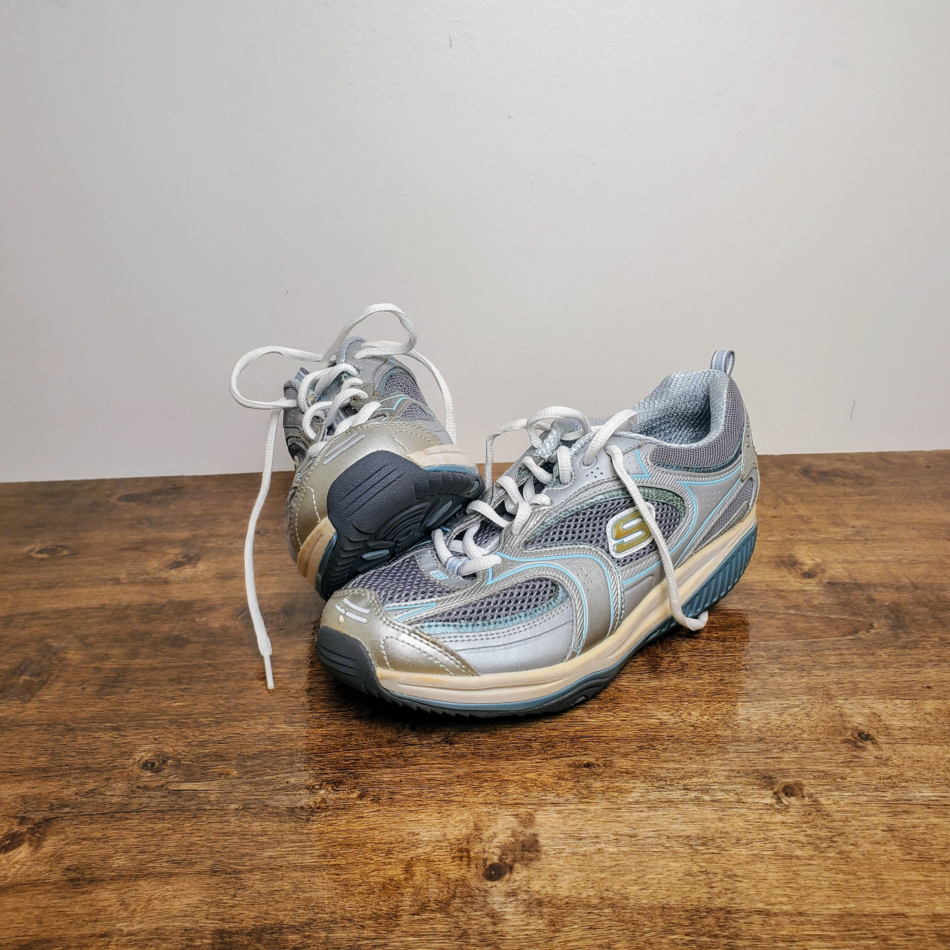 SKECHERS SHAPE UPS 12320 Gray Blue Active Shoes Womens Size US 8.5 EUR 38.5