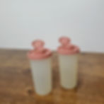 Vintage Tupperware 1329 1329 Salt Pepper Shakers White Mauve Lids 4.5" Tall
