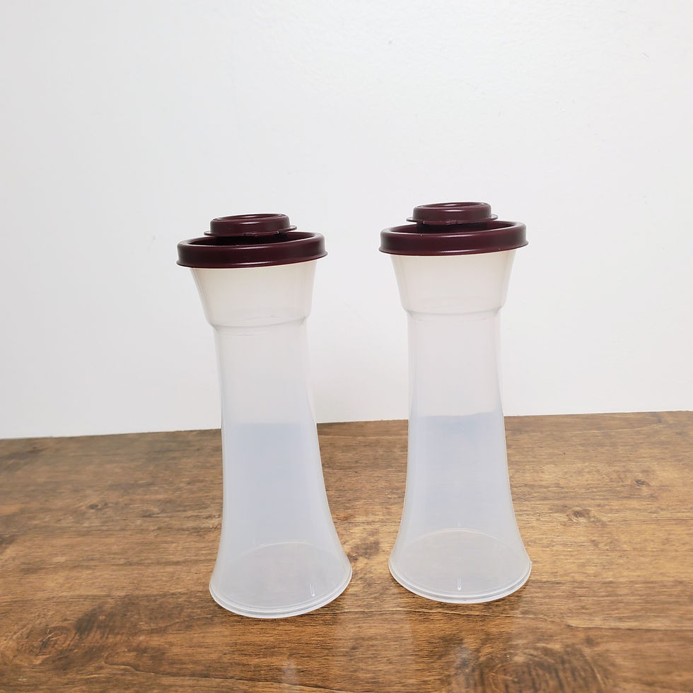 Thumbnail: NEW Tupperware Large Hourglass Salt & Pepper Shakers Clear w/ Maroon Red Lids