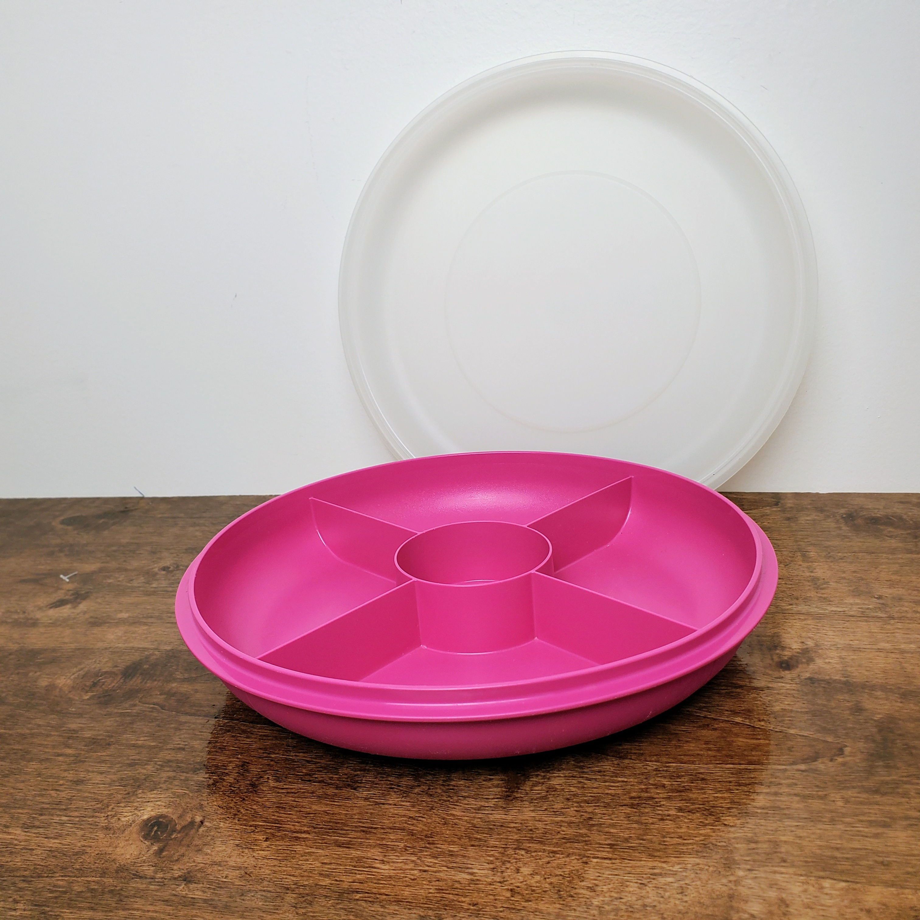 Vintage Tupperware 1708 Divided Veggie Relish Tray Fuchsia Pink w/ Sheer Lid 1709