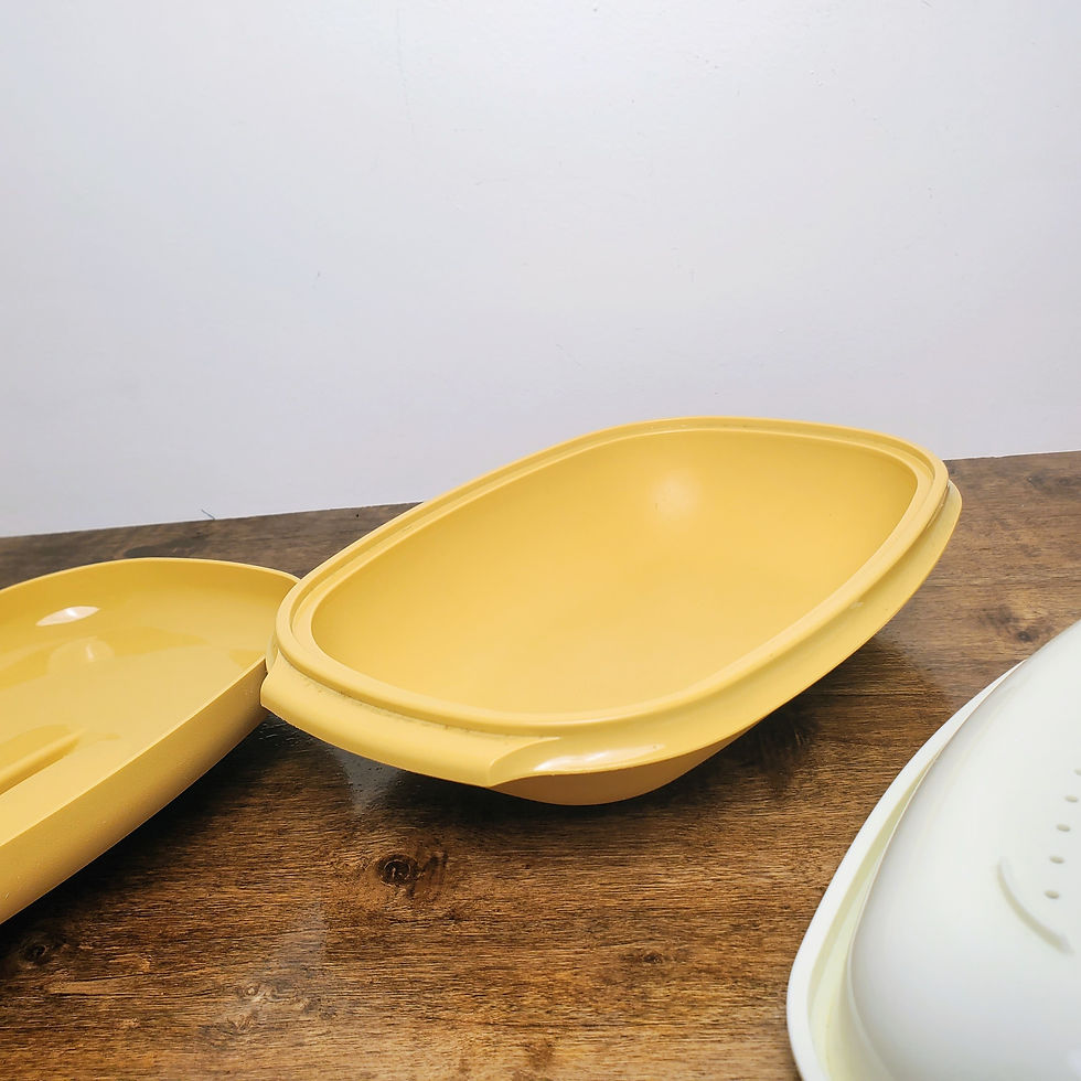 Thumbnail: Vintage Tupperware #1275 Harvest Gold Oval Casserole Steamer Bowl Strainer w/Lid