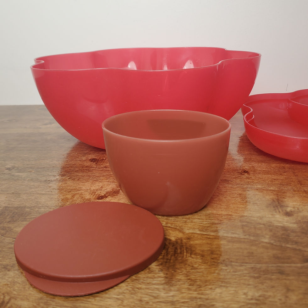 Thumbnail: Vintage Tupperware Chip N Dip Bowl Set Red Divided Lid Dip Bowls 4625 4626