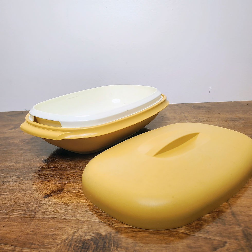 Thumbnail: Vintage Tupperware #1275 Harvest Gold Oval Casserole Steamer Bowl Strainer w/Lid