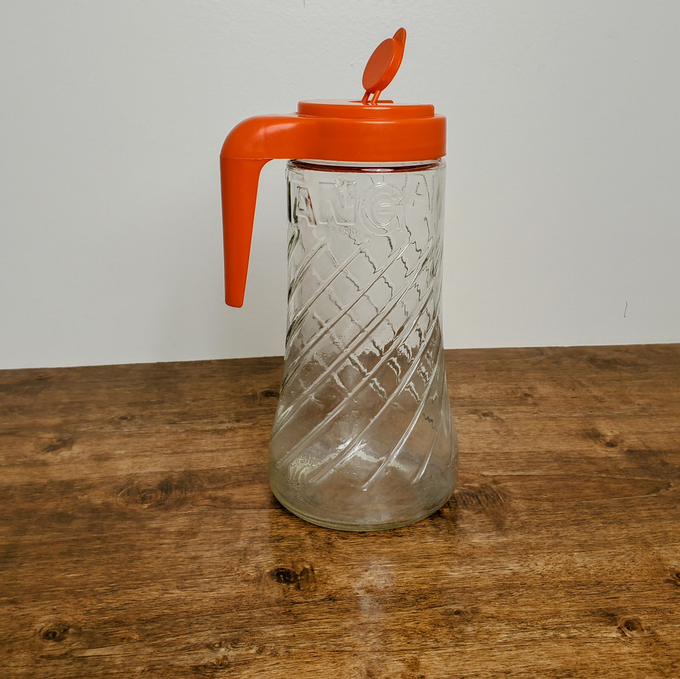 Vintage TANG Anchor Hocking clear pressed glass swirl orange juice bottle pitcher.
