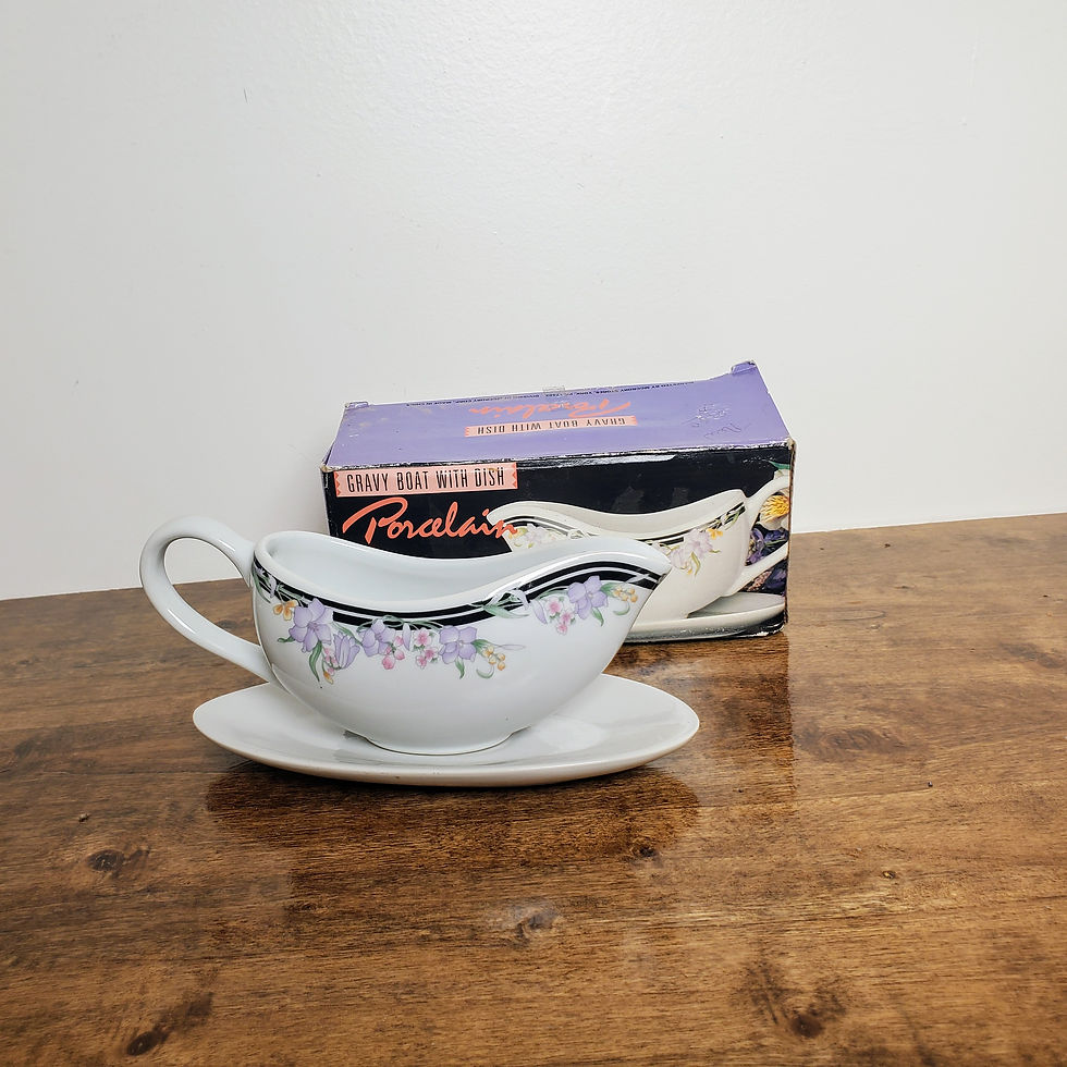 Thumbnail: GRAVY BOAT Saucer Purple Pink FLORAL black Handle McCrory Stores 1980’s