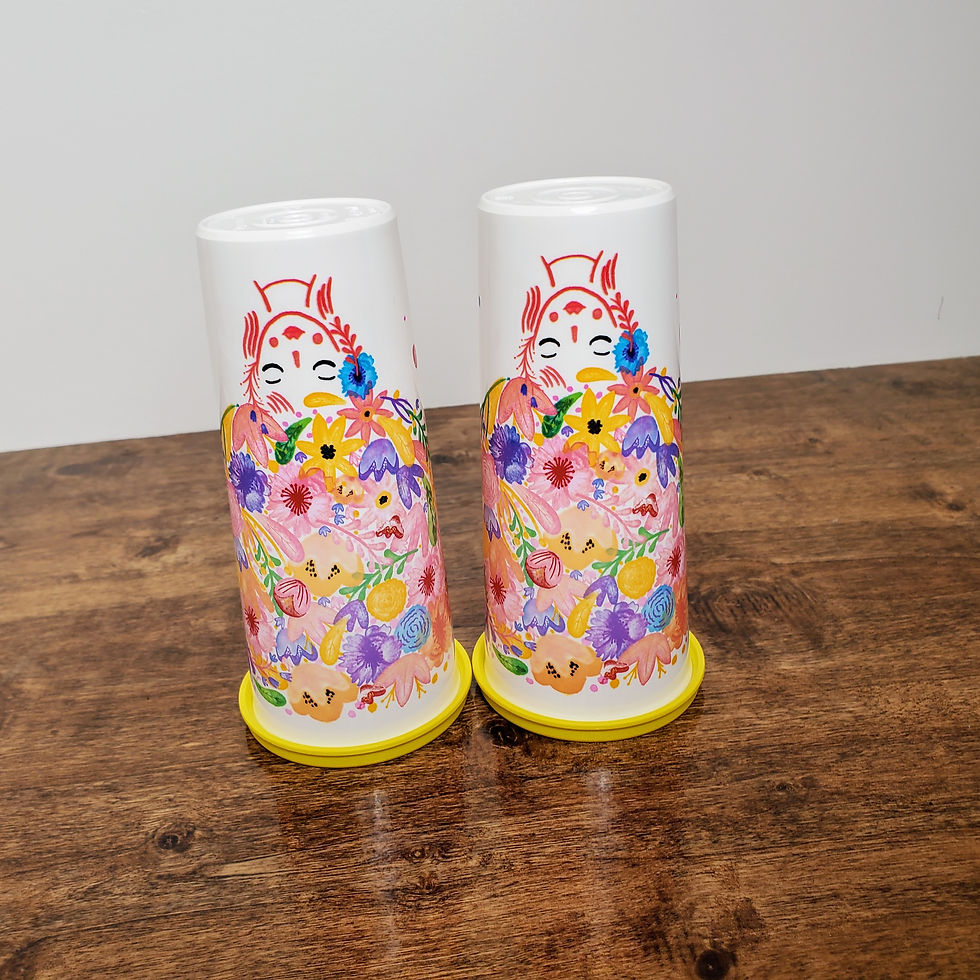 Thumbnail: Tupperware Illumina Tumblers Set 2 Floral Lemon Yellow Lids 16oz NEW