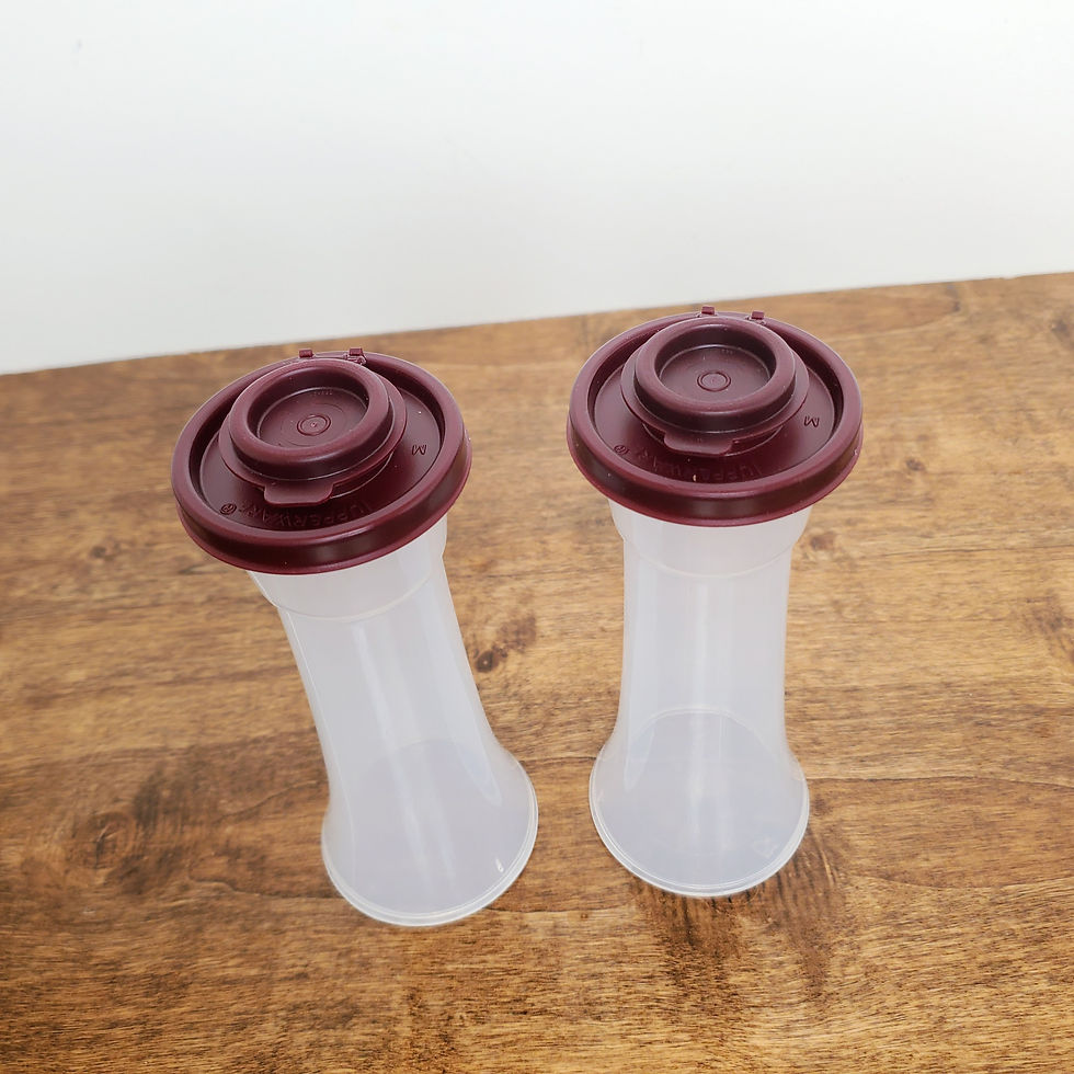 Thumbnail: NEW Tupperware Large Hourglass Salt & Pepper Shakers Clear w/ Maroon Red Lids