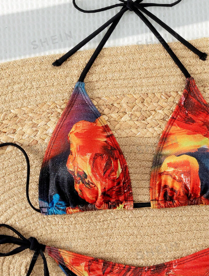 Miniatura: Bañador bikini triángulo halter con estampado
