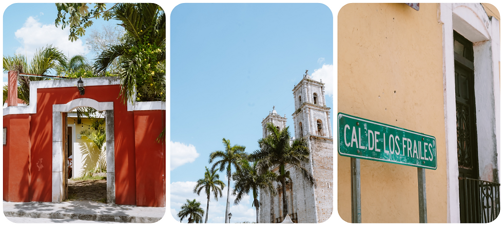 Kleurrijke koloniale straat in Valladolid, Mexico met pastelhuizen, palmbomen en een relaxte sfeer – perfecte stop tijdens je rondreis door Yucatán